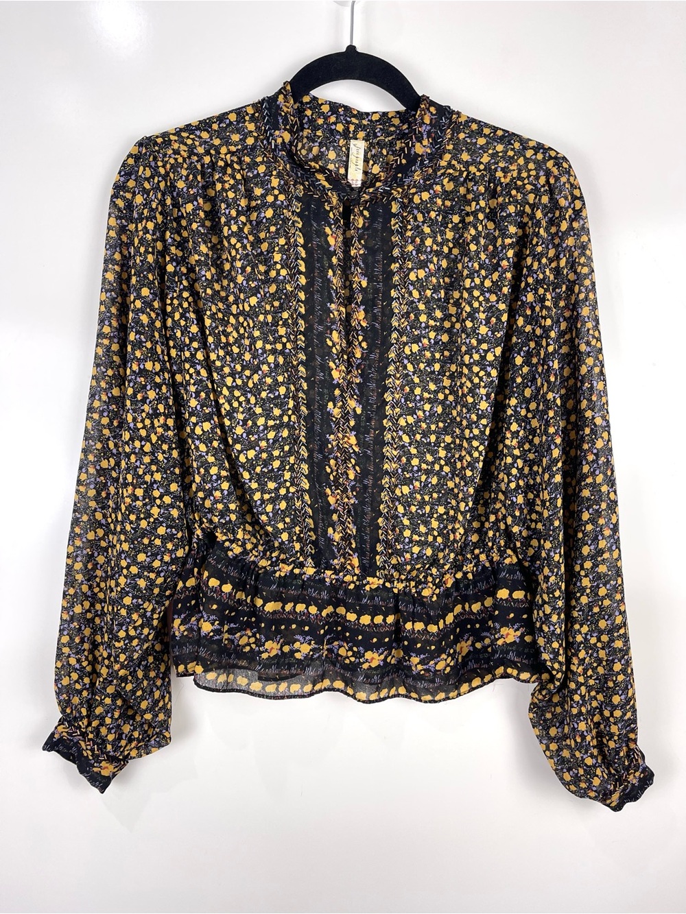 Free People If I Had You Beaded Chiffon Peplum Blouse Small Sheer Boho Floral